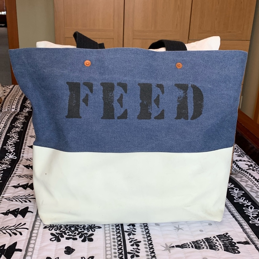 FEED Projects Blue Jean and White Canvas Coated Tote Handbag